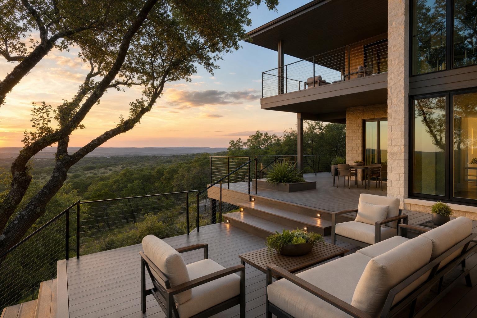 Custom multi-level composite deck with cable railings