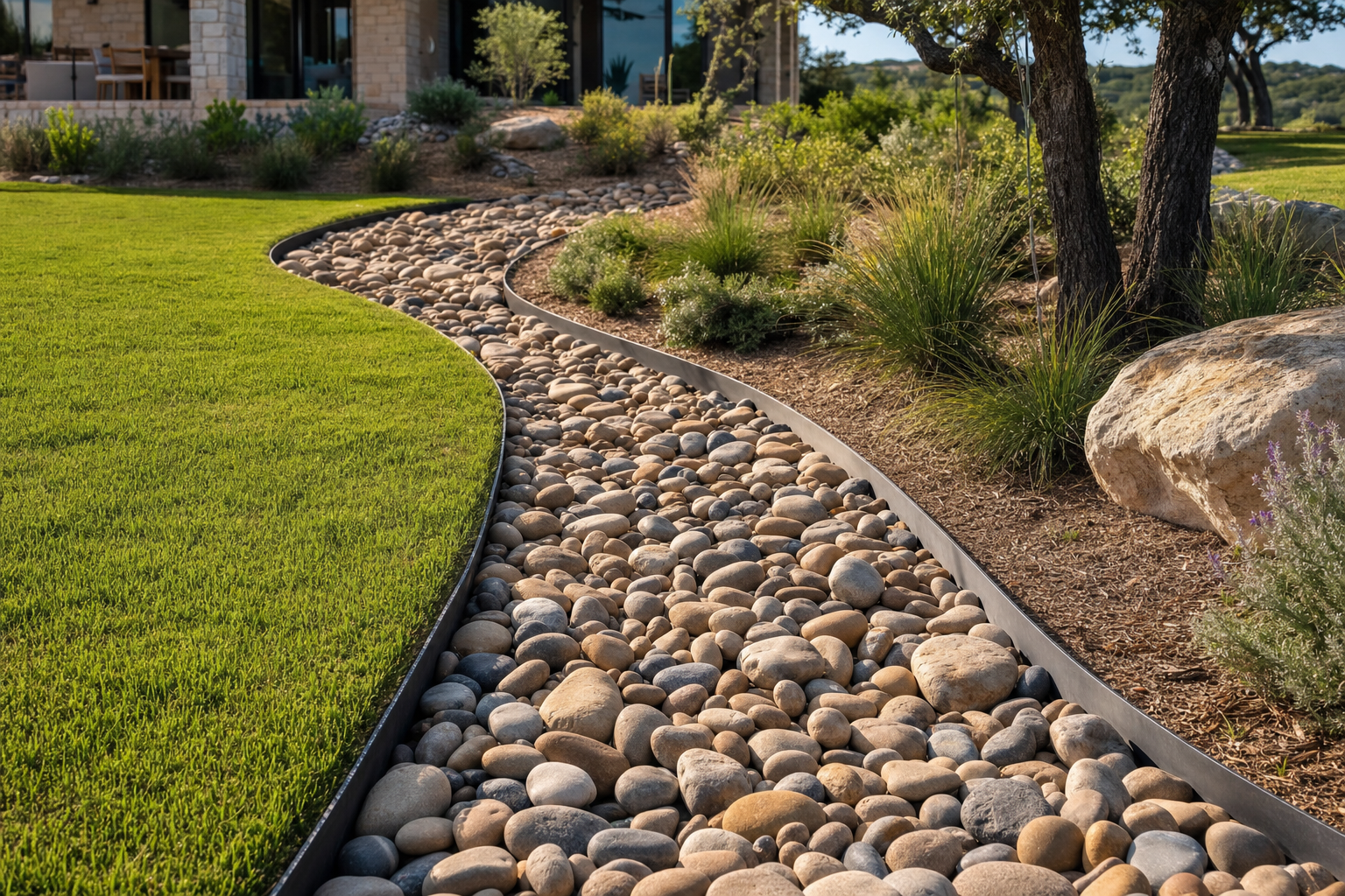 Decorative river rock drainage swale with steel edging