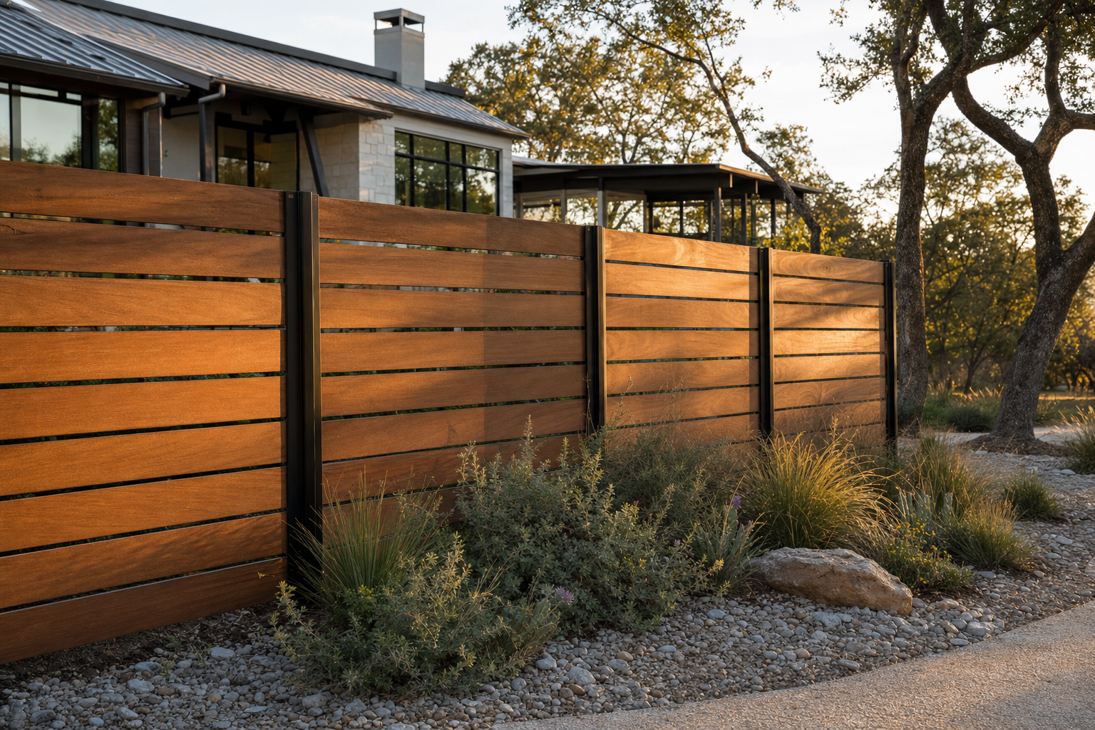 Modern horizontal cedar privacy fence with steel posts