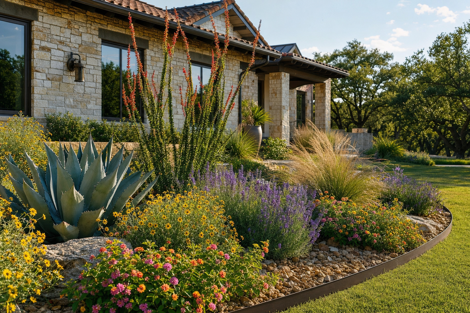 Texas native flower beds with agave, ocotillo, and wildflowers
