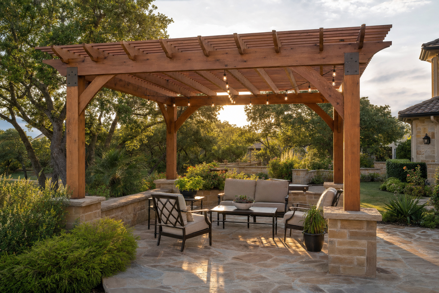 Cedar pergola with string lights over a flagstone patio