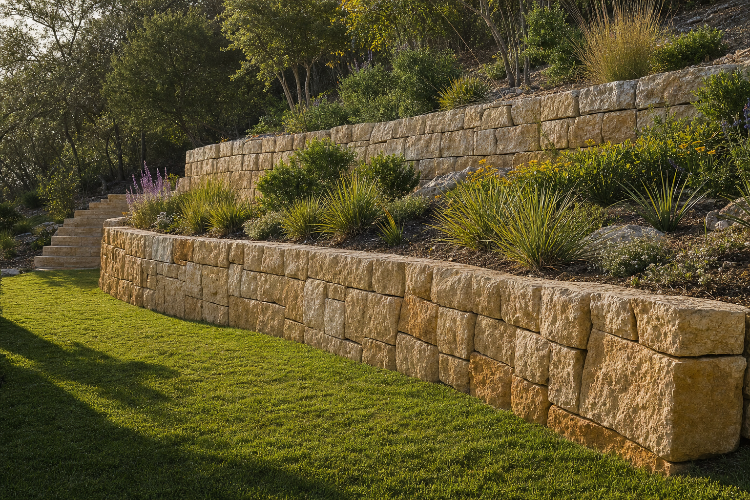 Limestone retaining wall terraced into a Hill Country hillside