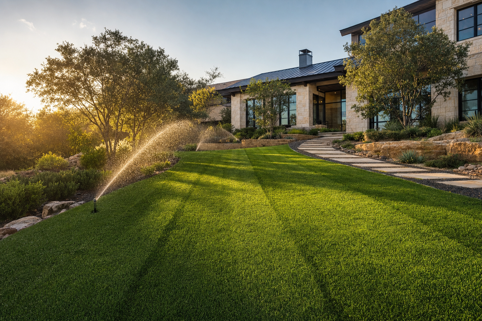 Lush green Bermuda sod with active sprinkler system